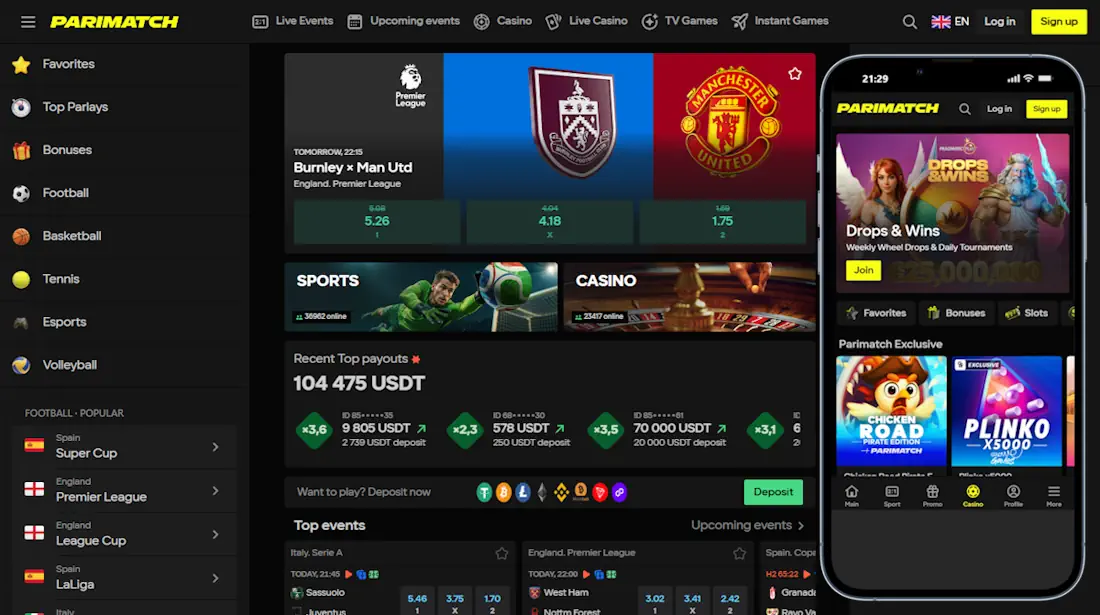 Parimatch Sportsbook and Casino Desktop and Mobile View Screenshot